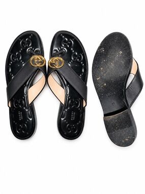 Gucci Black Leather Slide Sandals with Gold Interlocking GG